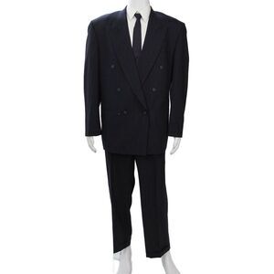 Pierre Balmain Mens 2 Piece Striped Dark Blue Wool Suit Collared Button Size 46